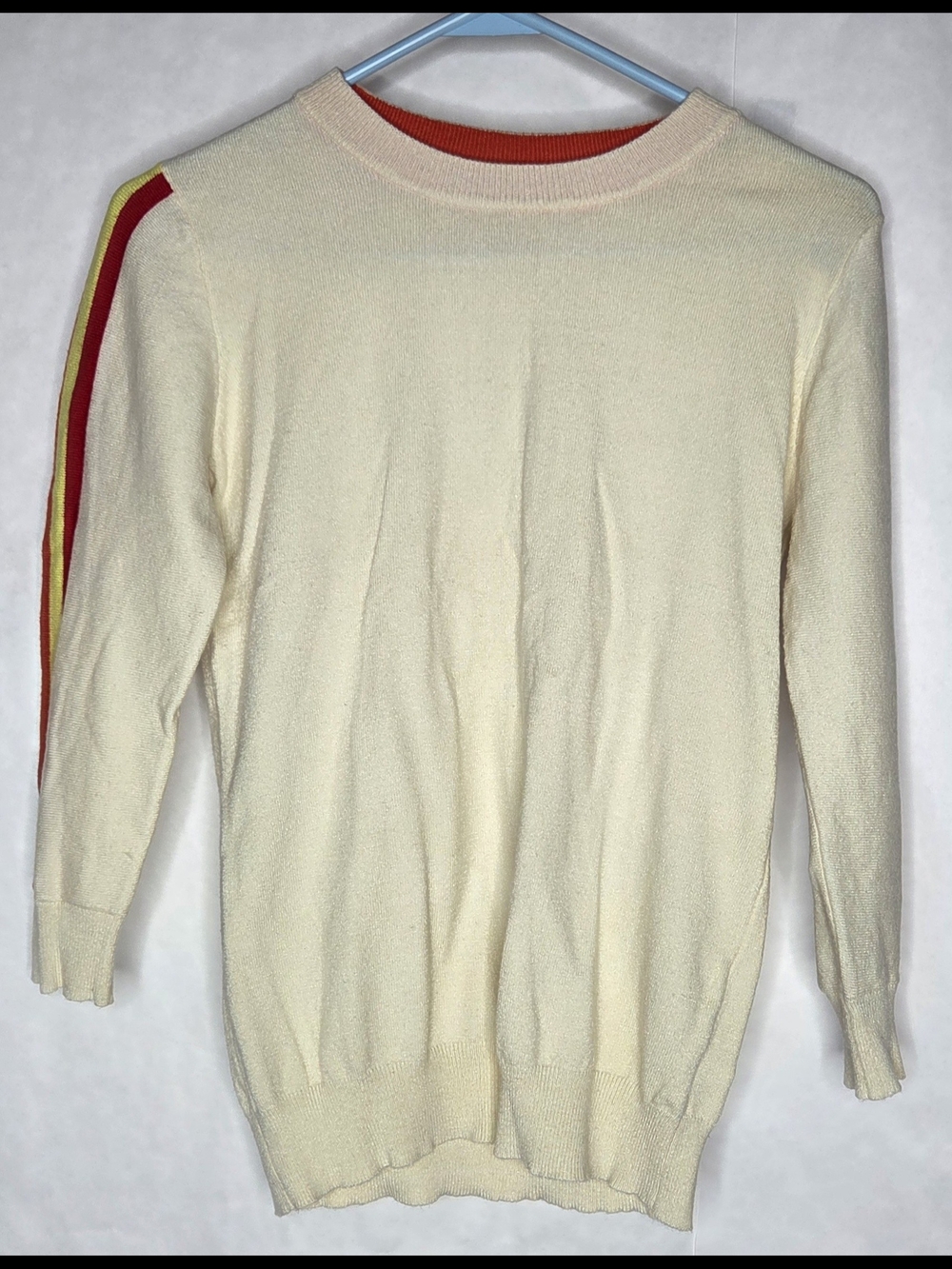 ModCloth Cream Crewneck Sweater with Red & Yellow Sleeve Stripes